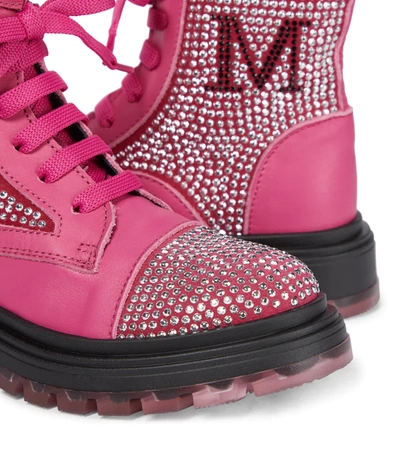Monnalisa Embellished Leather Boots In Pink