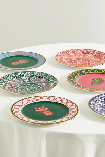 Shop La Doublej Set Of Six Gold-plated Porcelain Dessert Plates In Pink