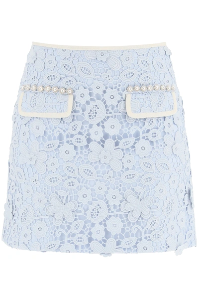 Shop Self-portrait Lace Mini Skirt In Light Blue,white
