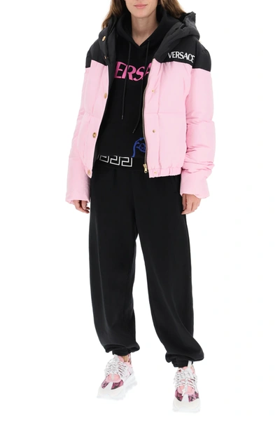 Shop Versace Hoodie With Logo And Greca Embroidery In Black,fuchsia,white