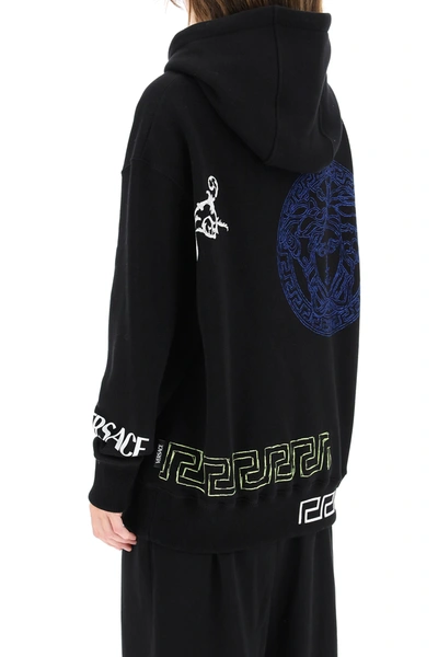 Shop Versace Hoodie With Logo And Greca Embroidery In Black,fuchsia,white