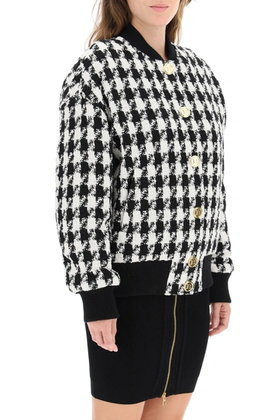 Shop Balmain Houndstooth Tweed Bomber Jacket With Golden Buttons In White,black