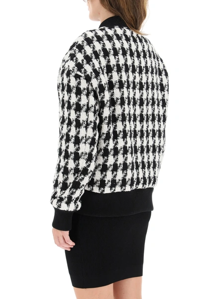 Shop Balmain Houndstooth Tweed Bomber Jacket With Golden Buttons In White,black