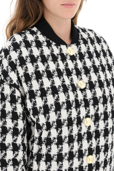 Shop Balmain Houndstooth Tweed Bomber Jacket With Golden Buttons In White,black
