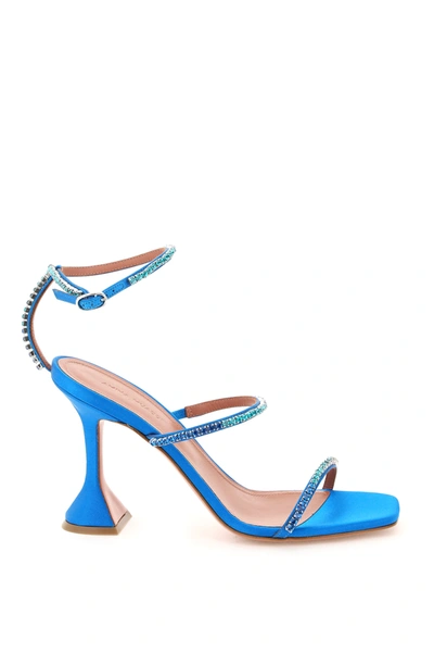 Shop Amina Muaddi Gilda Silk Sandals With Crystals In Blue