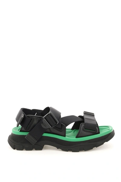 Shop Alexander Mcqueen Tread Sandals With Web Strap Fastening In Black,green