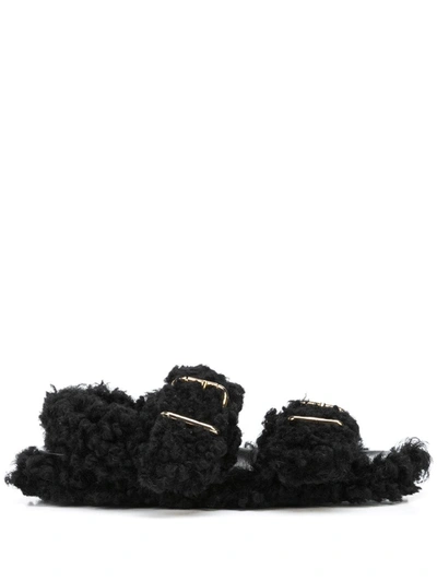 Shop Marni Shearling-trimmed Sandals In 黑色
