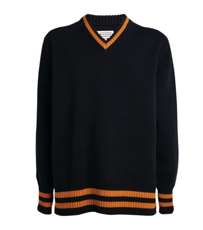 Shop Maison Margiela Varsity Stripe V-neck Sweater In Navy