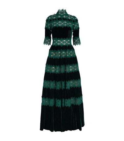 Shop Costarellos Velvet Embroidered Lissie Gown In Green
