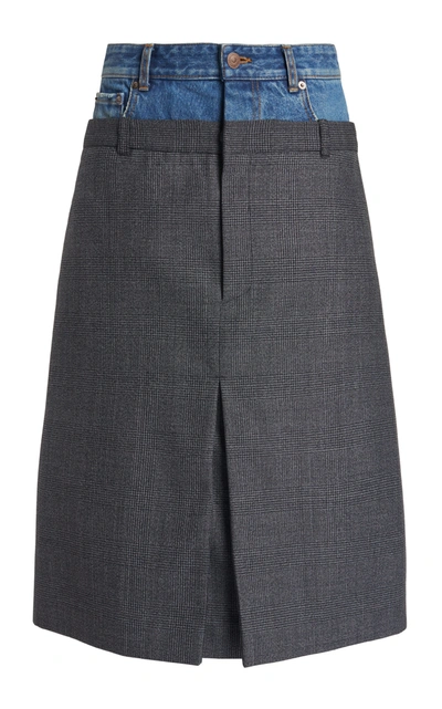 Shop Balenciaga Women's Denim-trimmed Wool Midi Skirt In Plaid