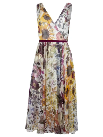 Shop Oscar De La Renta Floral V-neck Midi Dress In Multicolor