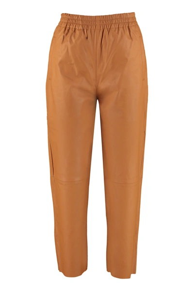 Shop Pinko Elasticated Waist Leather Pants In Brown