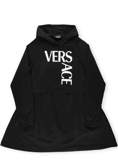 Shop Versace Kids Logo Printed Hoodie Dress In Black