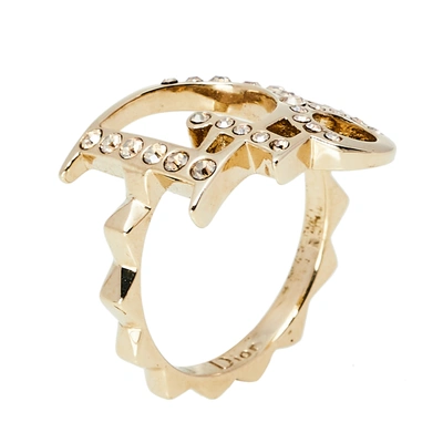 Pre-owned Dior Gold Tone Crystal Embedded Logo Ring Size Eu 50