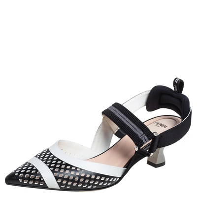 Pre-owned Fendi Black/white Perforated Leather And Canvas Colibri Slingback Pumps Size 38.5
