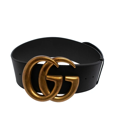 Pre-owned Gucci Black Leather Gg Marmont Buckle Waist Belt 85 Cm