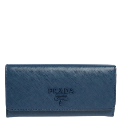Pre-owned Prada Blue Saffiano Leather Flap Continental Wallet