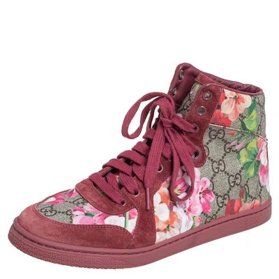 Pre-owned Gucci Pink Blooms Print Coated Canvas And Suede High Top Sneakers Size 38