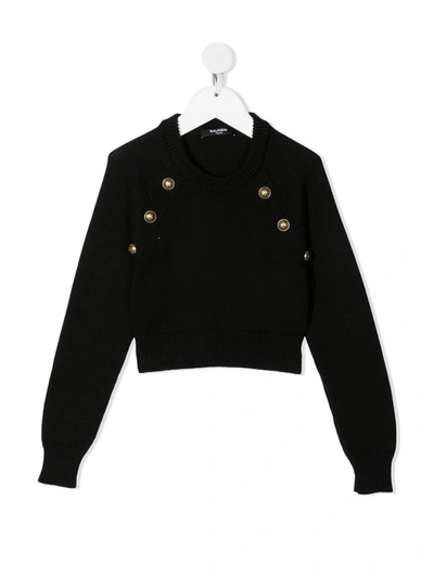 Shop Balmain Embossed Button Crewneck Jumper In Black