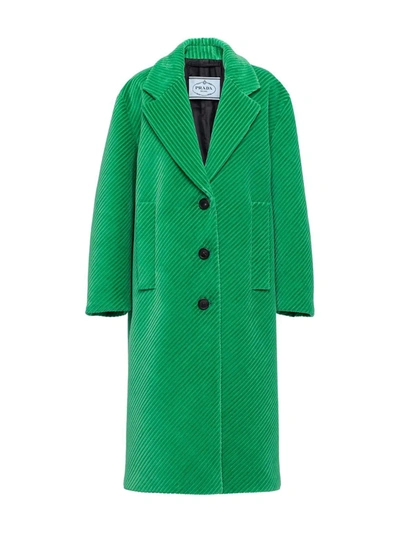 Shop Prada Single-breasted Corduroy Coat In Green