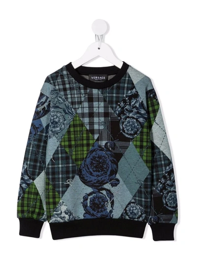 Shop Versace Mix-print Ribbed-trim Sweatshirt In Blue