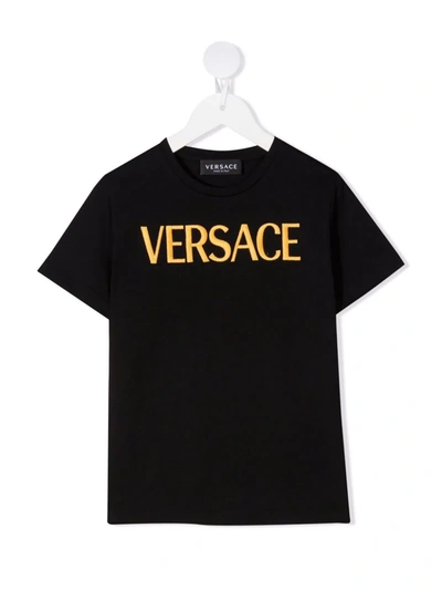 Shop Versace Embossed Embroidered Logo T-shirt In Black