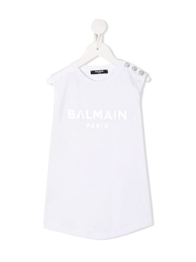 Shop Balmain Sleeveless Foil Logo T-shirt In White