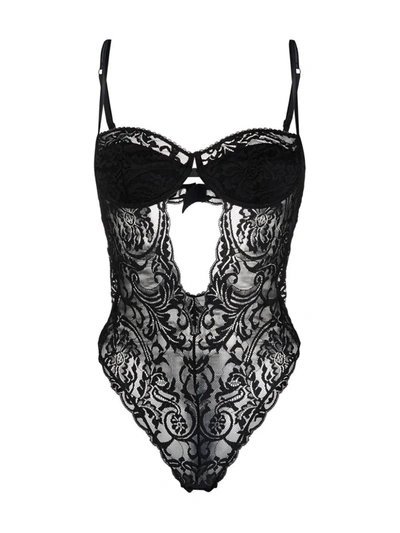 Shop Versace Lace-panel Sweetheart-neck Body In Black