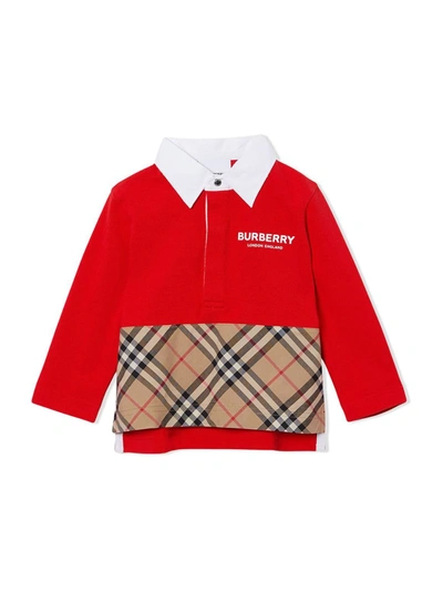 Shop Burberry Check Panel Polo Shirt In Red