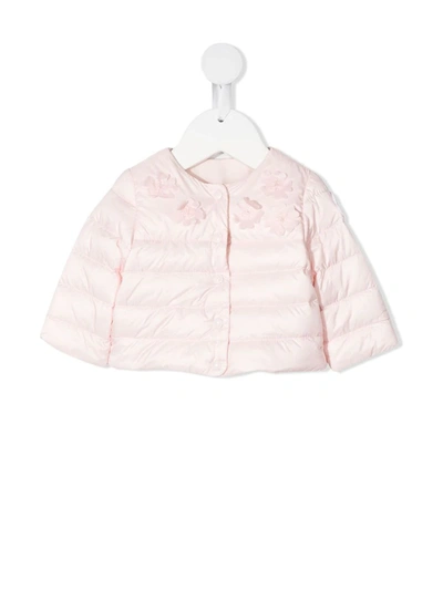 Shop Moncler Floral Applique Padded Jacket In Pink