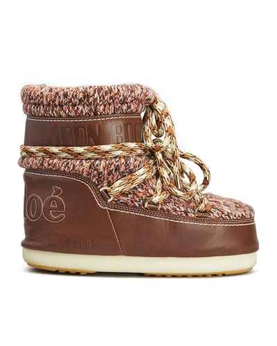 Shop Chloé Moon Knit Calfskin Snow Booties In Tannish Brown