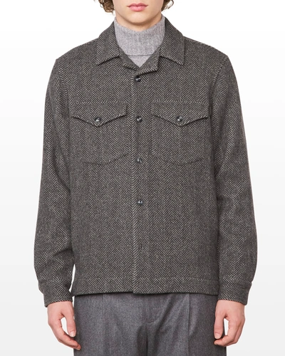 Shop Officine Generale Men's Jonas Wool Herringbone 2-pocket Overshirt In Mid Grey/grey