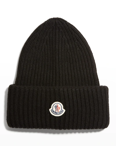 Shop Moncler Men's English Rib Beanie Hat In Black