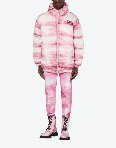 Shop Moschino Nylon Painting Down Jacket In Pink