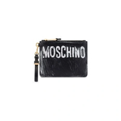 Shop Moschino Painted Logo Calfskin Clutch In Black