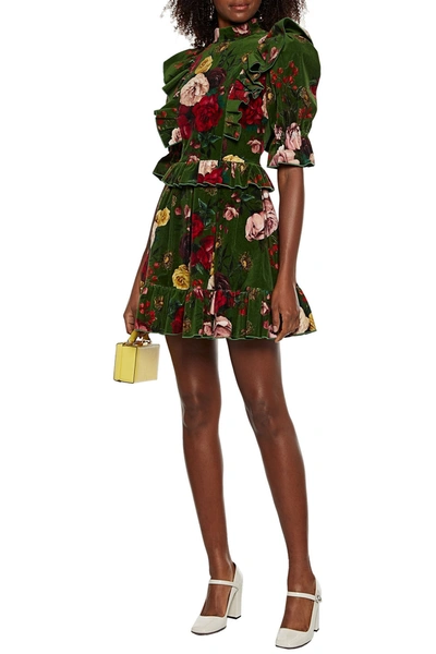 Shop Dolce & Gabbana Ruffled Floral-print Cotton-blend Velvet Mini Dress In Leaf Green
