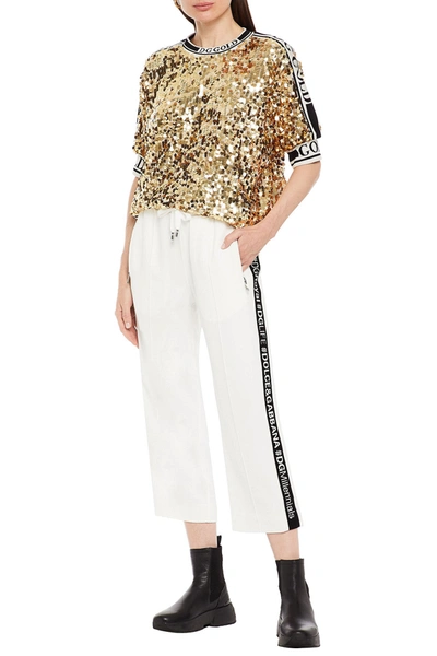 Shop Dolce & Gabbana Cropped Monogram-trimmed Crepe Straight-leg Pants In White