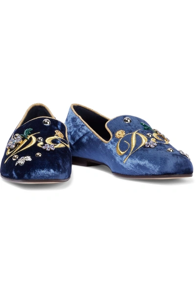 Shop Dolce & Gabbana Jackie Metallic-trimmed Embellished Velvet Loafers In Cobalt Blue