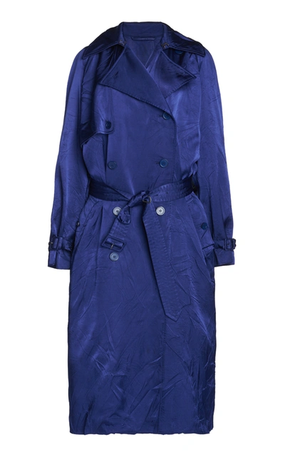 Shop Balenciaga Women's Belted Crinkled Satin Double-breasted Trench Coat In Blue