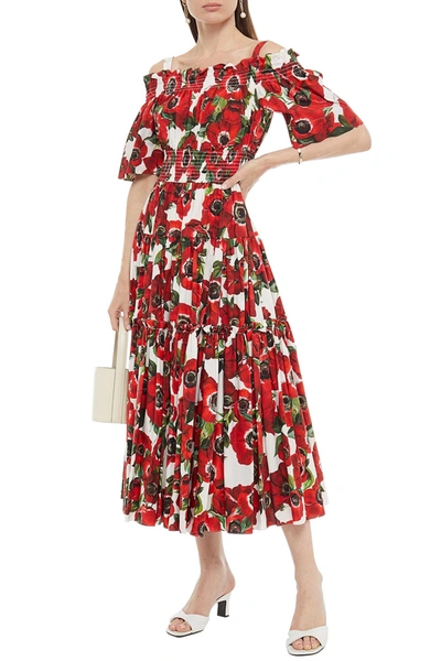 Shop Dolce & Gabbana Cold-shoulder Floral-print Cotton-poplin Midi Dress In Red