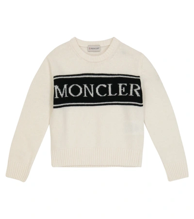 Moncler Kids' Logo Intarsia Virgin Wool Knit Sweater In Bianco | ModeSens