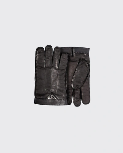 Shop Prada Men's Napa Leather Gloves In F0002 Nero