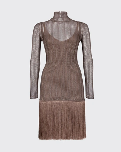 Shop Fendi Fringe Woven Midi Dress In Taboo