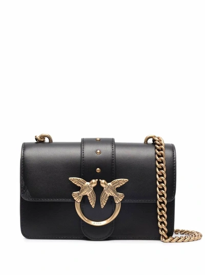 Shop Pinko Love Mini Black Leather  Crossbody Bag With Logo Buckle