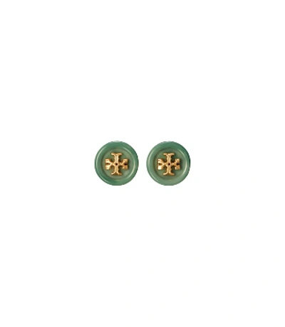 Shop Tory Burch Roxanne Button Stud Earring In Rolled Brass / Green