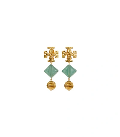 Shop Tory Burch Roxanne Double-drop Clip-on Earring In Rolled Brass / Azure Green