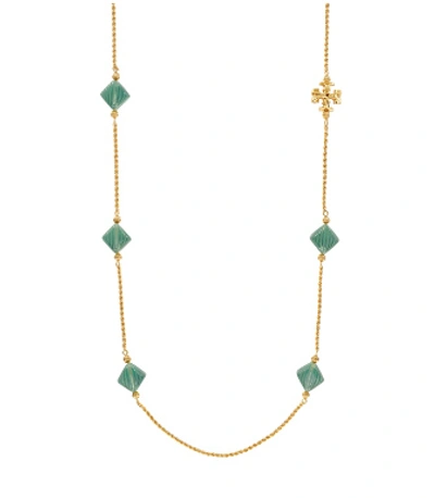 Shop Tory Burch Roxanne Long Necklace In Rolled Brass / Azure Green