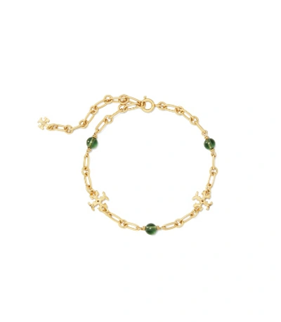 Shop Tory Burch Roxanne Chain Delicate Bracelet In Rolled Brass / Green
