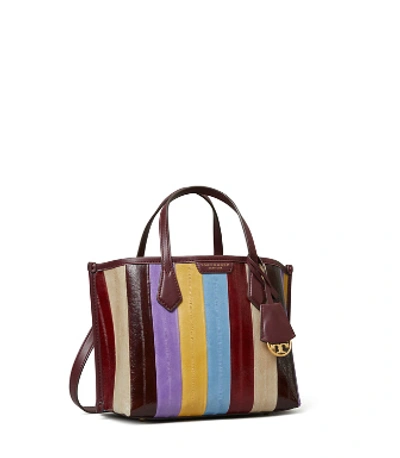 Shop Tory Burch Perry Eel Patchwork Small Triple-compartment Tote Bag In Fig