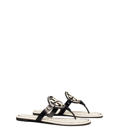 Shop Tory Burch Miller Metal-logo Sandal, Leather In Perfect Black / New Ivory